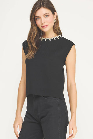 Strut & Bolt Pearl Jeweled Trim Knit Top - Black SSB-TK-40086-L-2