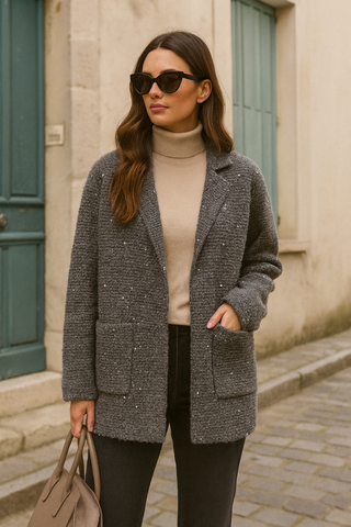 Luxe Shimmer Knit Blazer Cardigan – Charcoal Sparkle