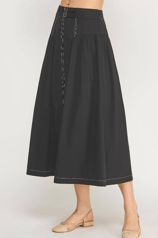 Strut & Bolt Top Stitch Buckle Detail Poplin Midi Skirt - Black S-8474-JK-2