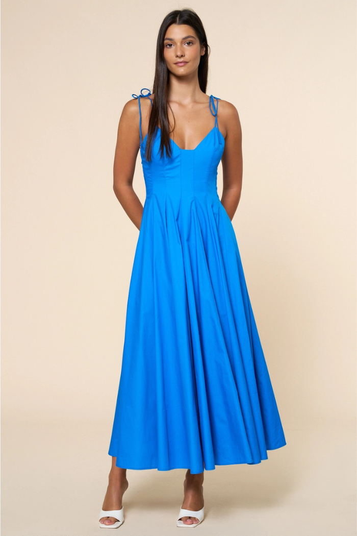 Fit & Flare Shoulder Tie Maxi Dress Blue