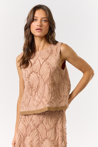 lalavon ILT5200 Mocha Textured Sleeveless Blouse Woman wearing a pink lace dress against a white background