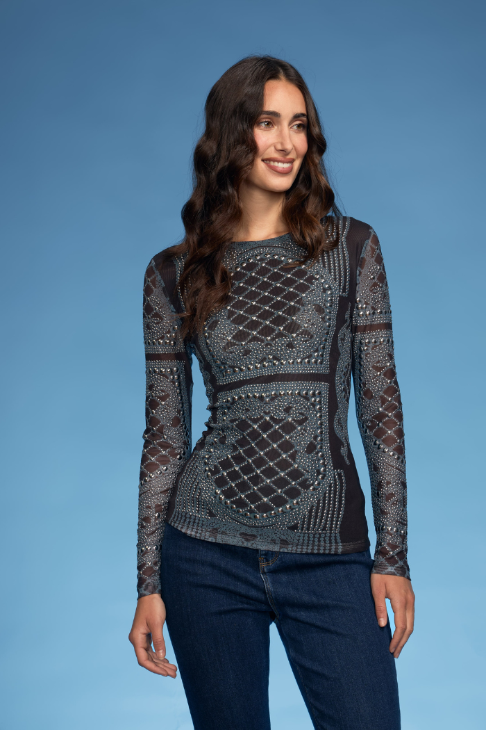 oo la la Art Deco Mesh Long Sleeve Top with Pearl Trim M1001 Blue