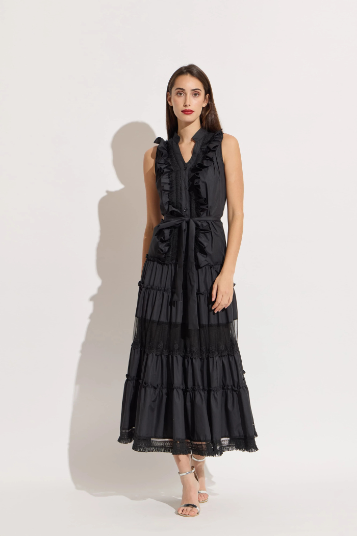 Midnight Elegance: Front Ruffle Mesh Combo Tiered Maxi Dress - Black Black / Small Midnight Elegance: Front Ruffle Mesh Combo Tiered Maxi Dress - Black Black / Small