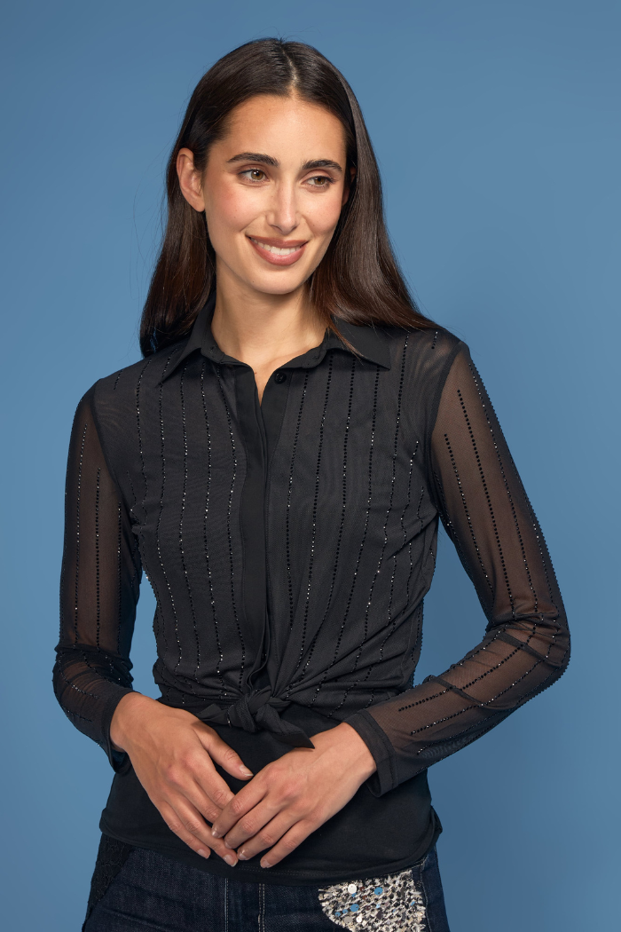 oo la la Rhinestone Pinstripe Button Down Blouse M9937 Black