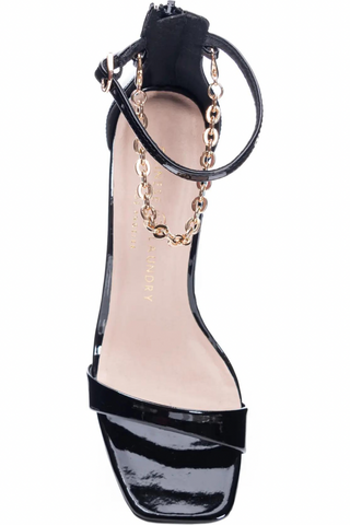 Chic Black Patent Block Heel Sandals with Gold Chain Ankle Strap