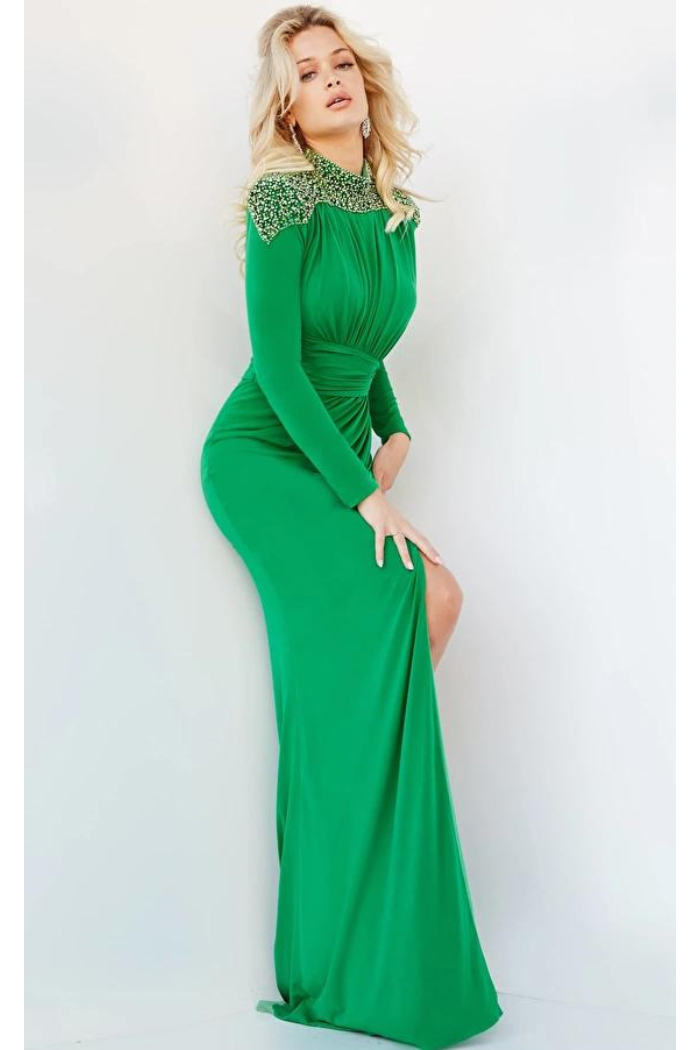 Bead Trimmed High Neck Long Sleeve Gown with Slit