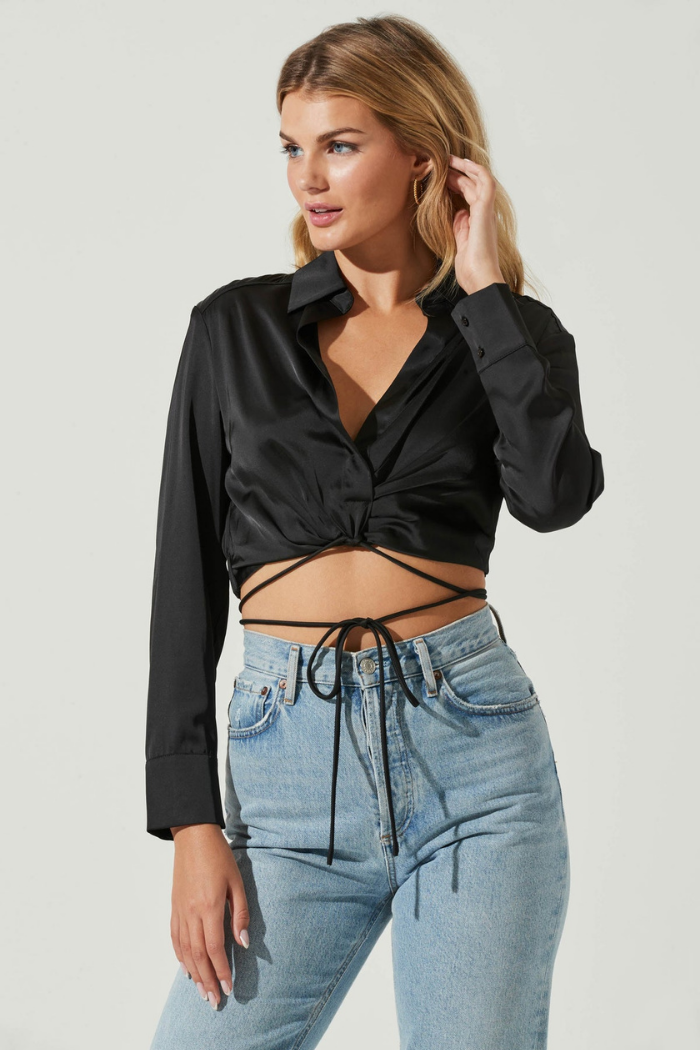 Perry Satin Wrap Front Tie Waist Top