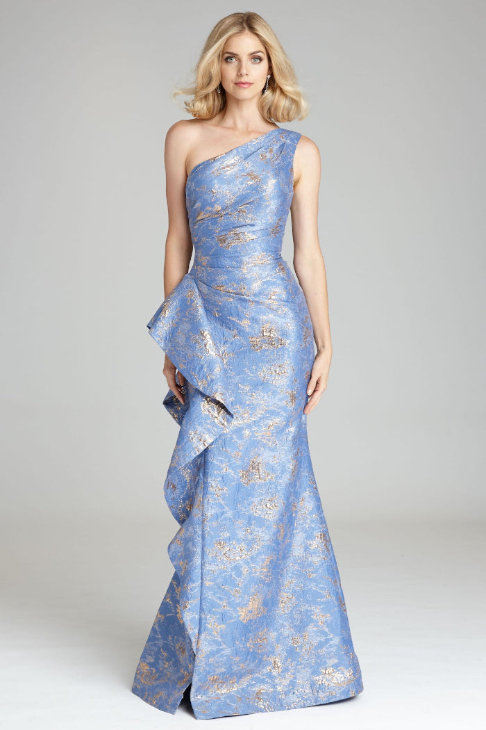 Teri Jon Jacquard One Shoulder Gown