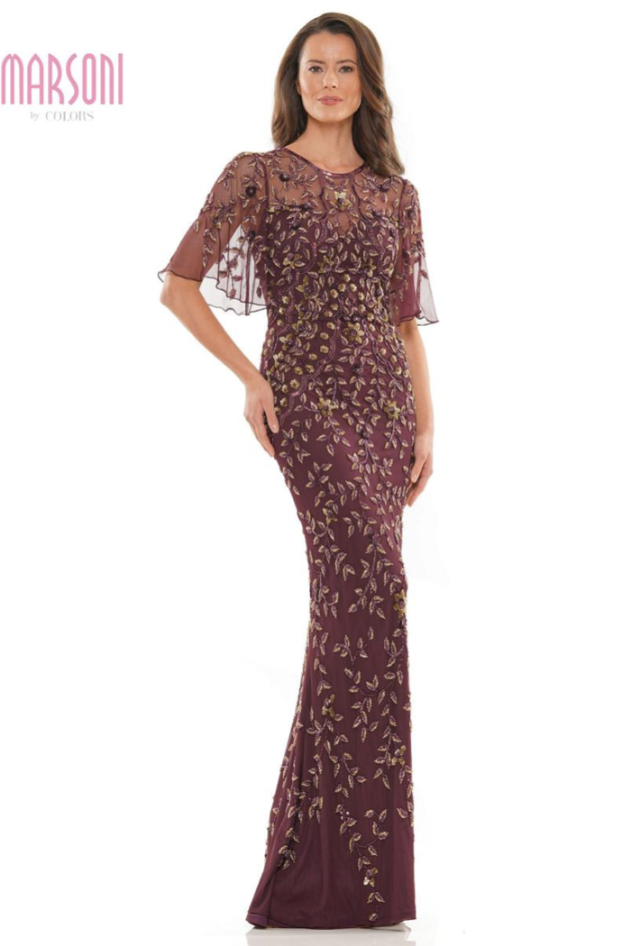 Beaded Sheer Illusion Gown with Butterfly Sleeve