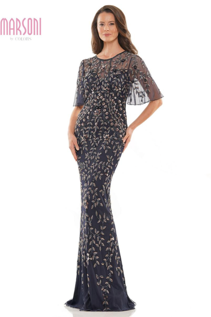 Beaded Sheer Illusion Gown with Butterfly Sleeve