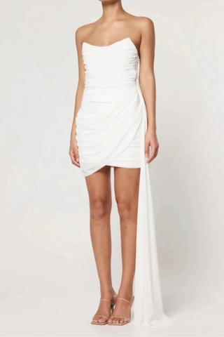 Chic White Strapless Ruched Bodycon Mini Dress with Draped Detail
