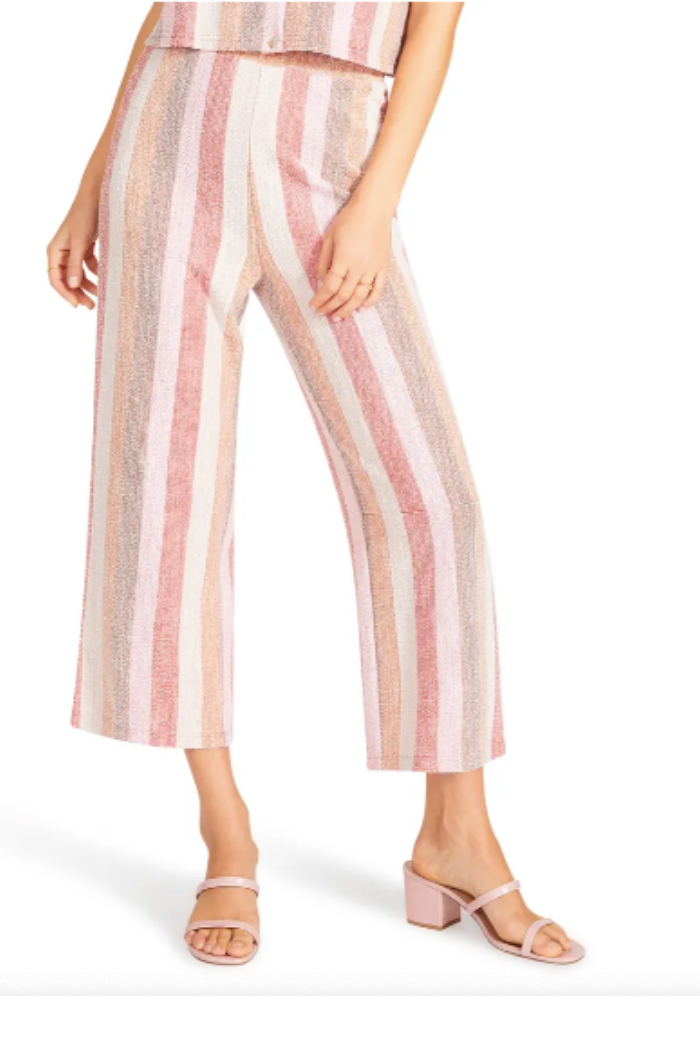 That 70's Pant Made by BB Dakota x Steve Madden. This is a stripe knit style cropped pant with elastic waist.
