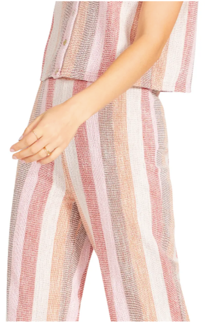 That 70's Pant Made by BB Dakota x Steve Madden. This is a stripe knit style cropped pant with elastic waist.