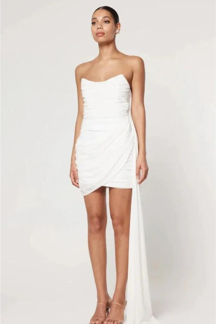 Chic White Strapless Ruched Bodycon Mini Dress with Draped Detail – The Dressing Room