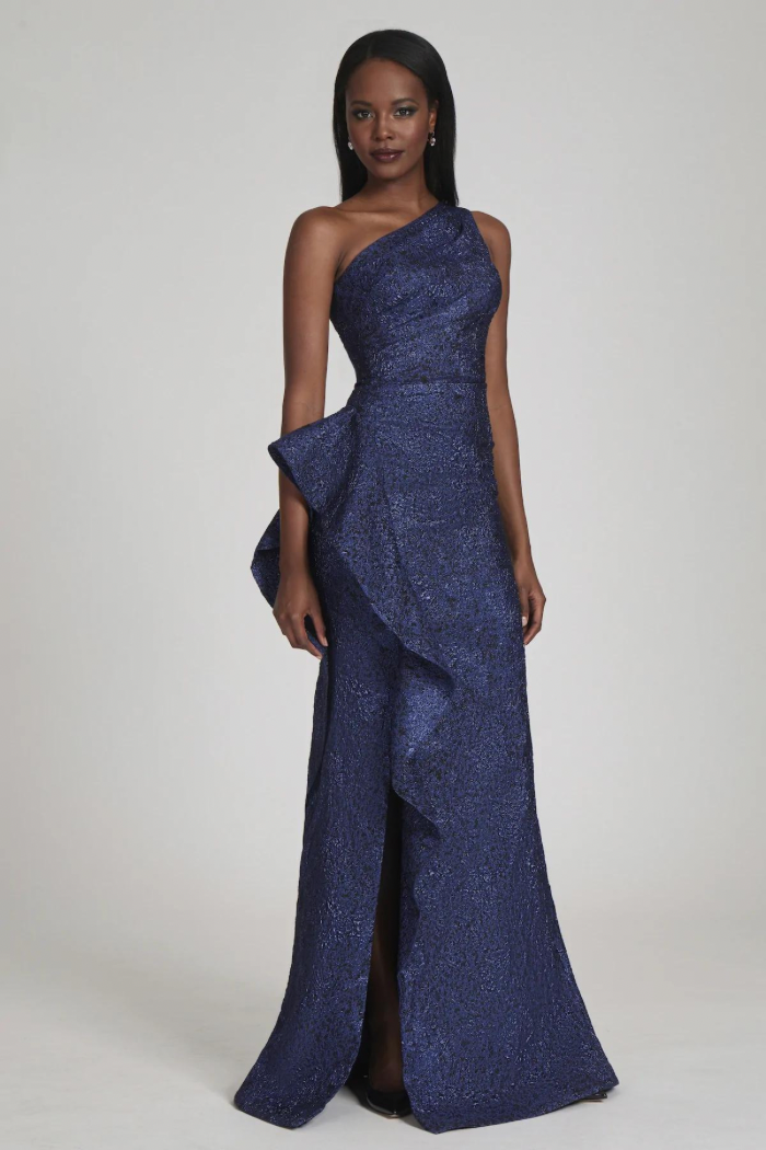 Jacquard One Shoulder Side Ruffle Gown