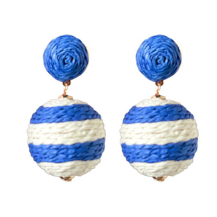 Blue and White Lido Pom Pom Earrings