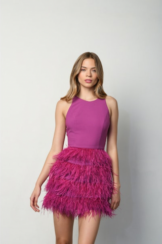 A woman models a vibrant magenta feather mini dress against a light background. The sleeveless dress features a high-neck bodice and a tiered, voluminous feather skirt.