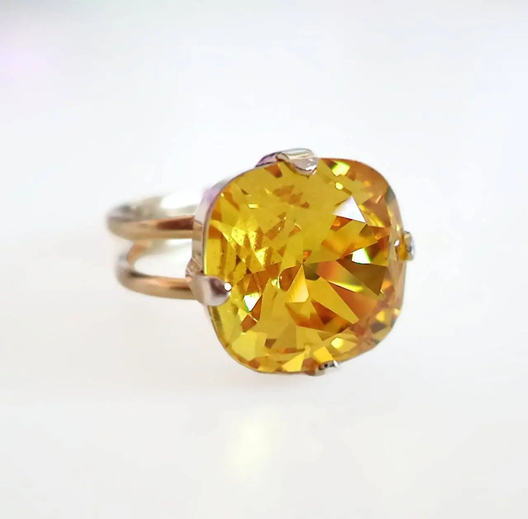 Gold Square Cut Crystal Ring