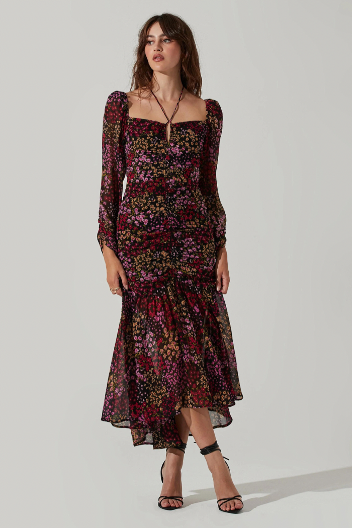 Athena Floral Ruched Long Sleeve Midi Dress
