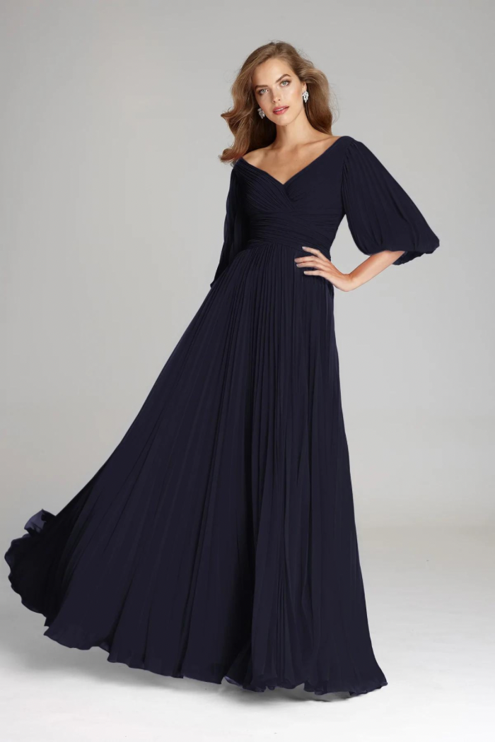 Chiffon Puff Sleeve Pleated V-Neck Gown