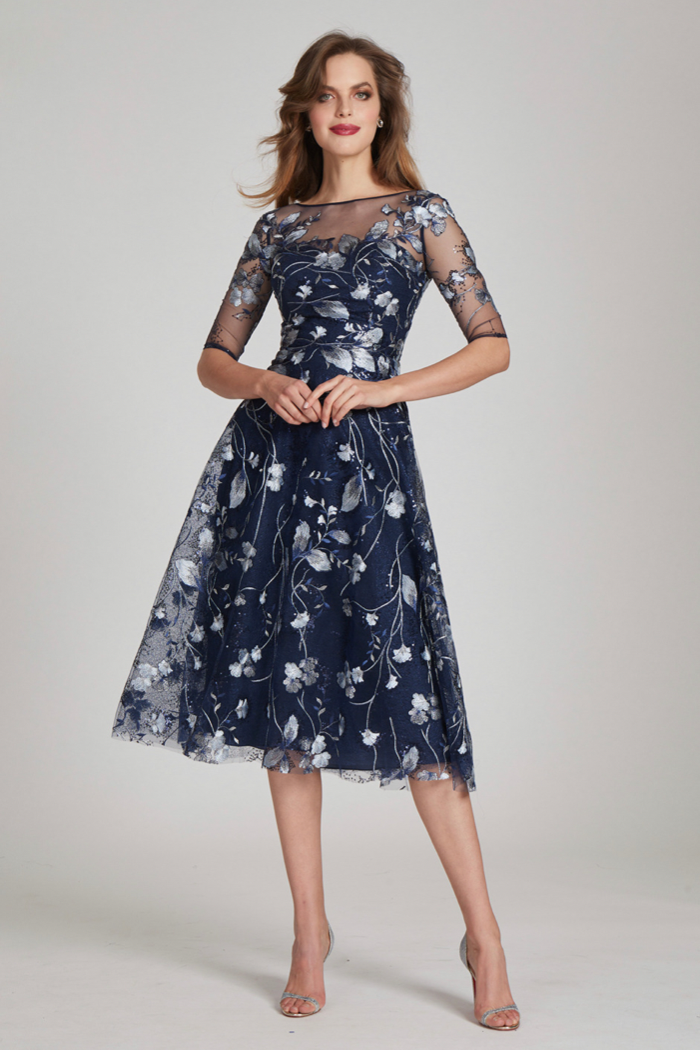 Embroidered Tea Length Cocktail Dress