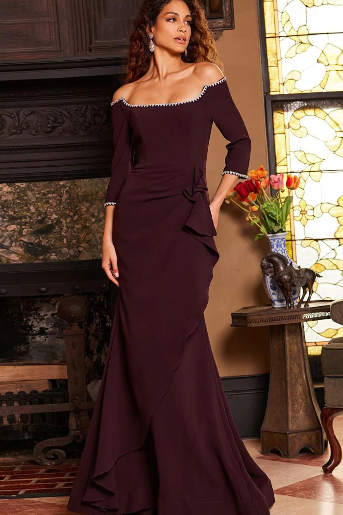 Fitted Three Quarter Sleeve Evening Gown
