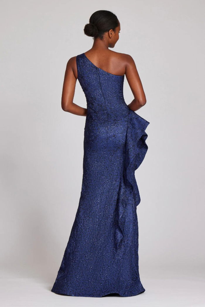 Jacquard One Shoulder Side Ruffle Gown