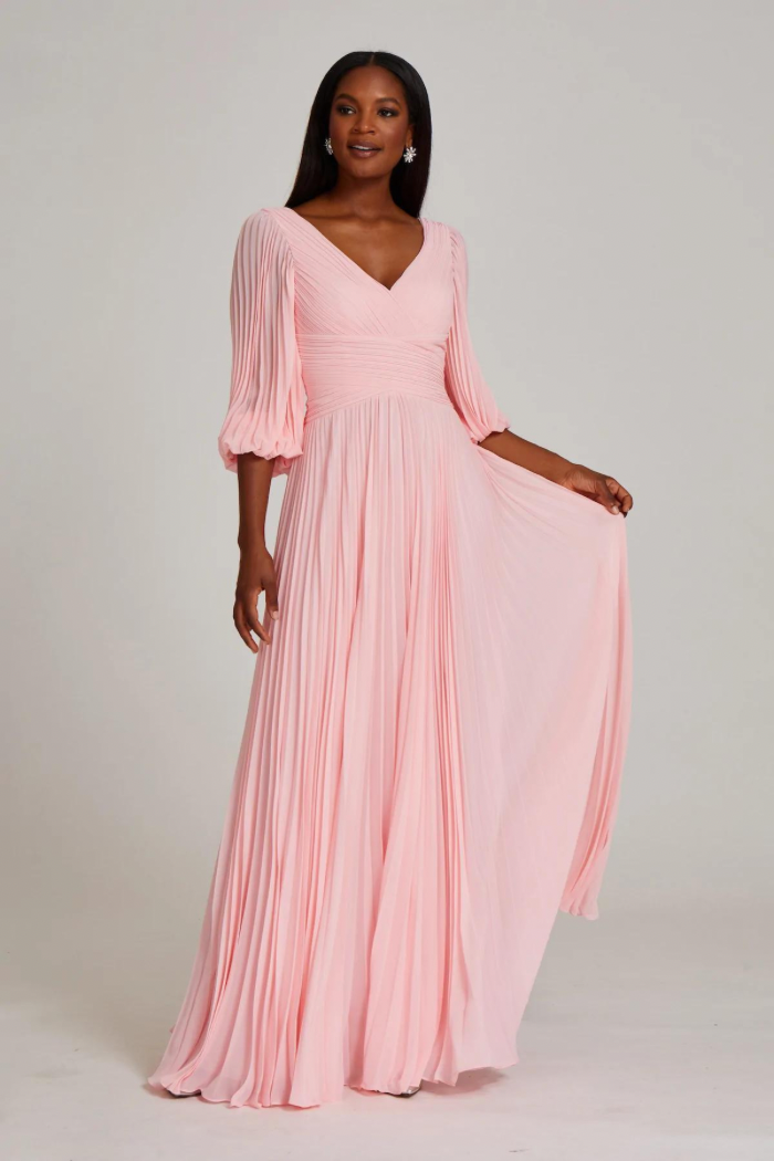 Ethereal Pleated Chiffon Gown with Puff Sleeves | Elegant Gown The Dressing Room Ethereal Pleated Chiffon Gown with Puff Sleeves | Elegant Gown The Dressing Room