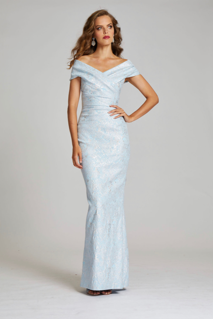 Stretch Metallic Jacquard Off The Shoulder Gown