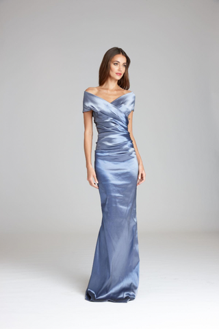 Teri Jon Stretch Taffeta Off-The-Shoulder Ruched Gown Slate Blue The Dressing Room Teri Jon Stretch Taffeta Off-The-Shoulder Ruched Gown Slate Blue The Dressing Room