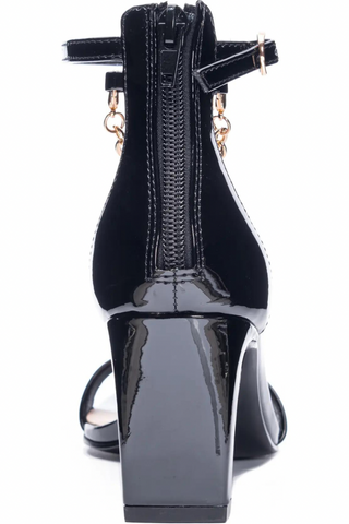 Chic Black Patent Block Heel Sandals with Gold Chain Ankle Strap
