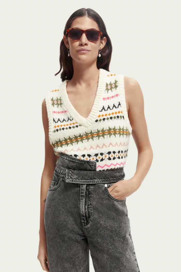 Relaxed Fit Fair Isle Knit V-neck Vest