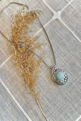 Vintage Bohemian Turquoise Filigree Pendant Necklace - Antique Silver Finish