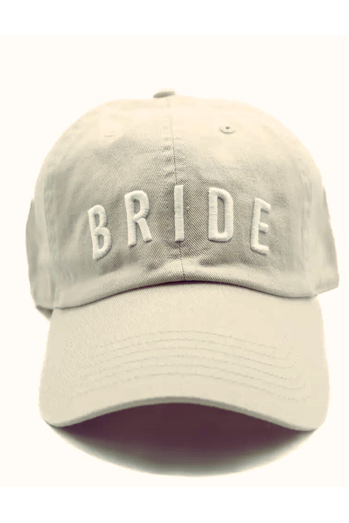 Bride hat in tan with white lettering