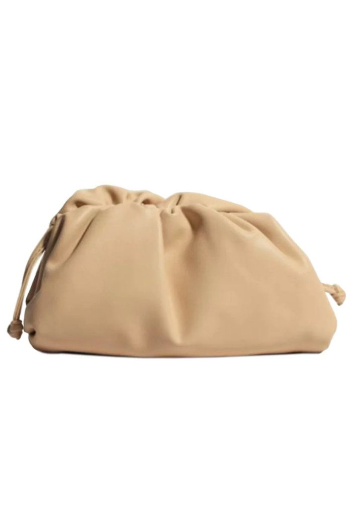 Tan Leather Cloud Clutch With Strap