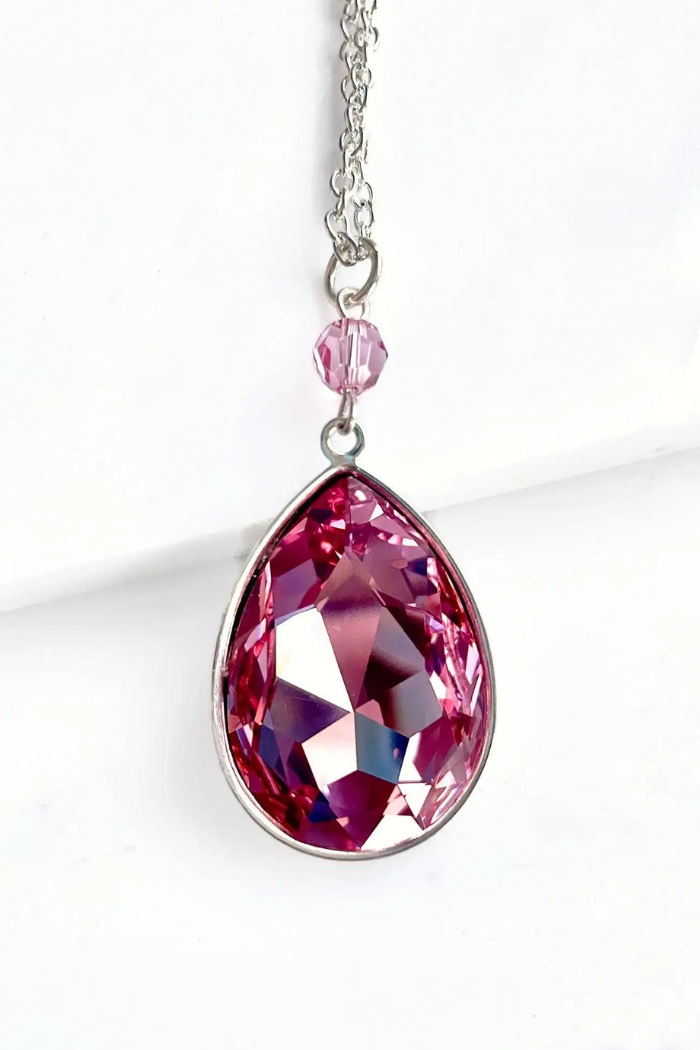 Lg Pink Pear Cut Crystal Pendant Necklace