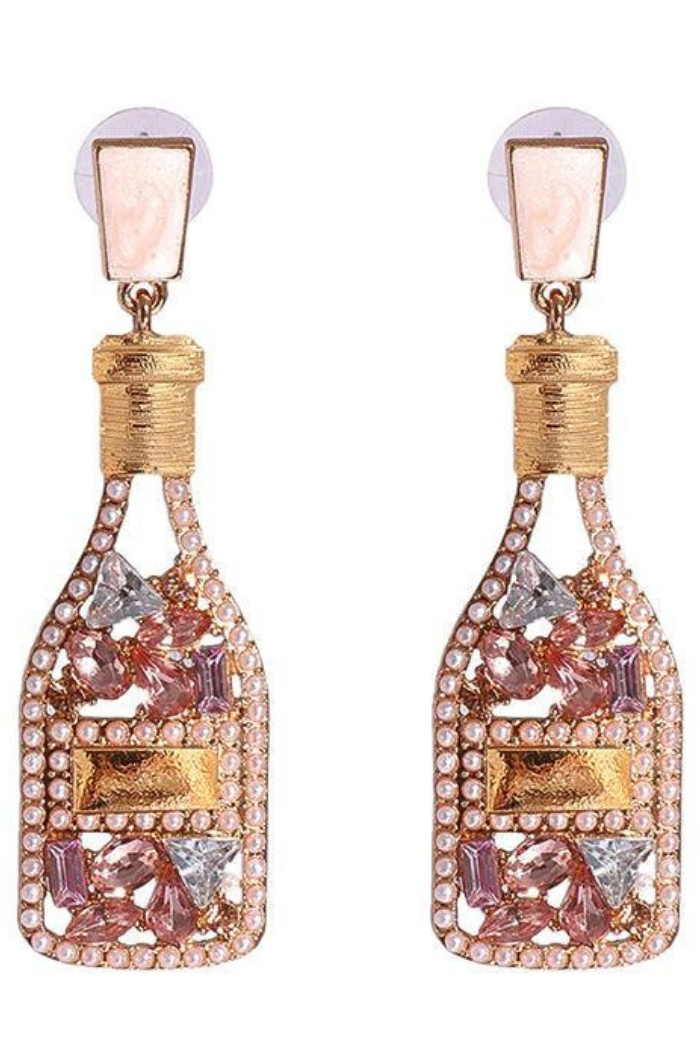 Pink /Pearl Rhinestone Champagne bottleEarrings