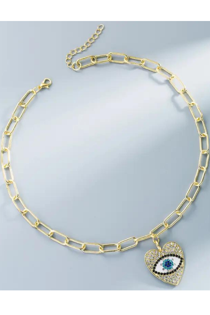 Gold Heart Eye Rhinestone Chain Necklace