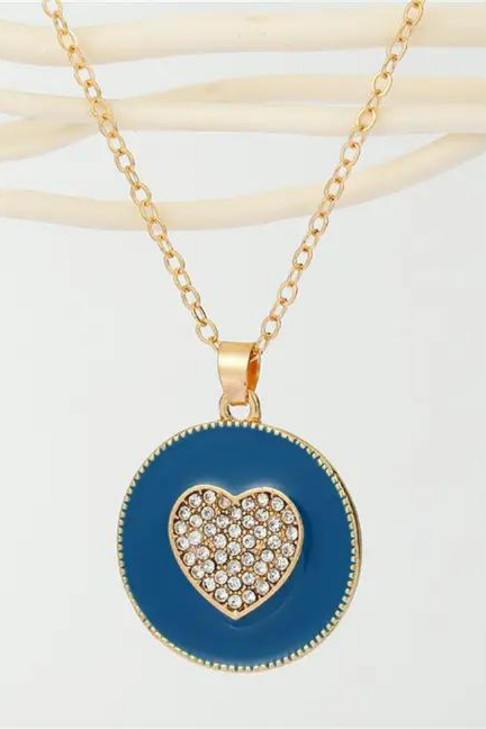 Rhinestone Enamel Heart Necklace/ Blue