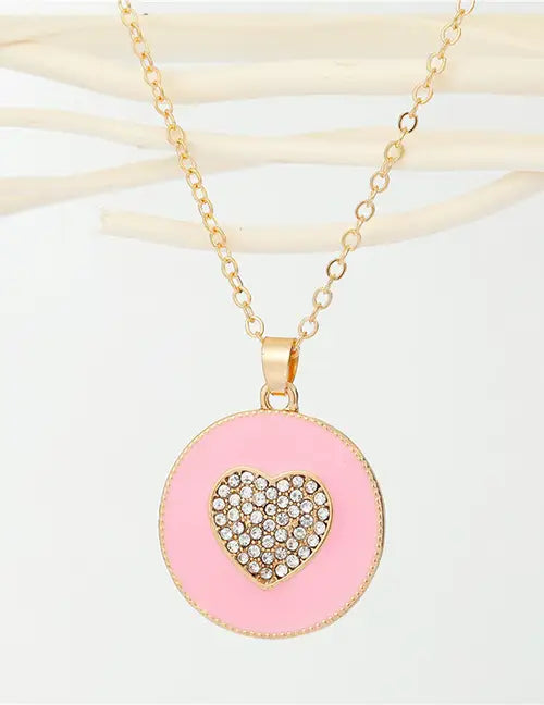 Rhinestone Enamel Heart Necklace/ Pink